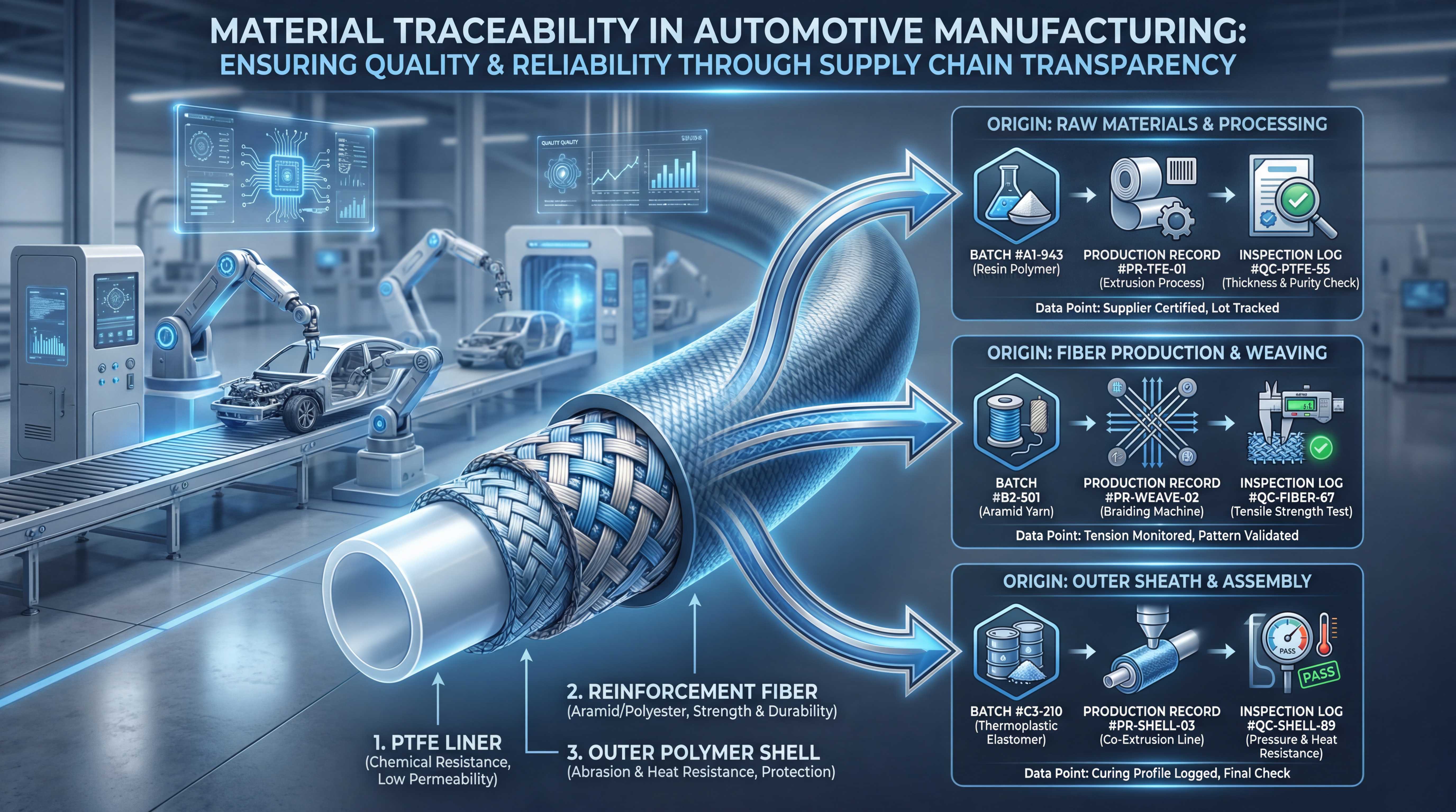 Fuel line material traceability diagram showing PTFE liner, reinforcement fiber, outer polymer shell, batch records and inspection logs in automotive manufacturing
